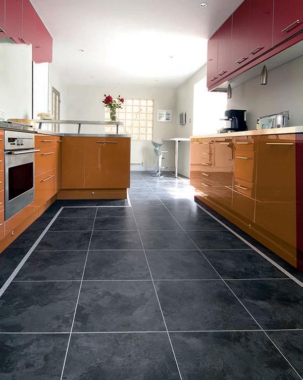 black faux stone vinyl flooring in a kitchen